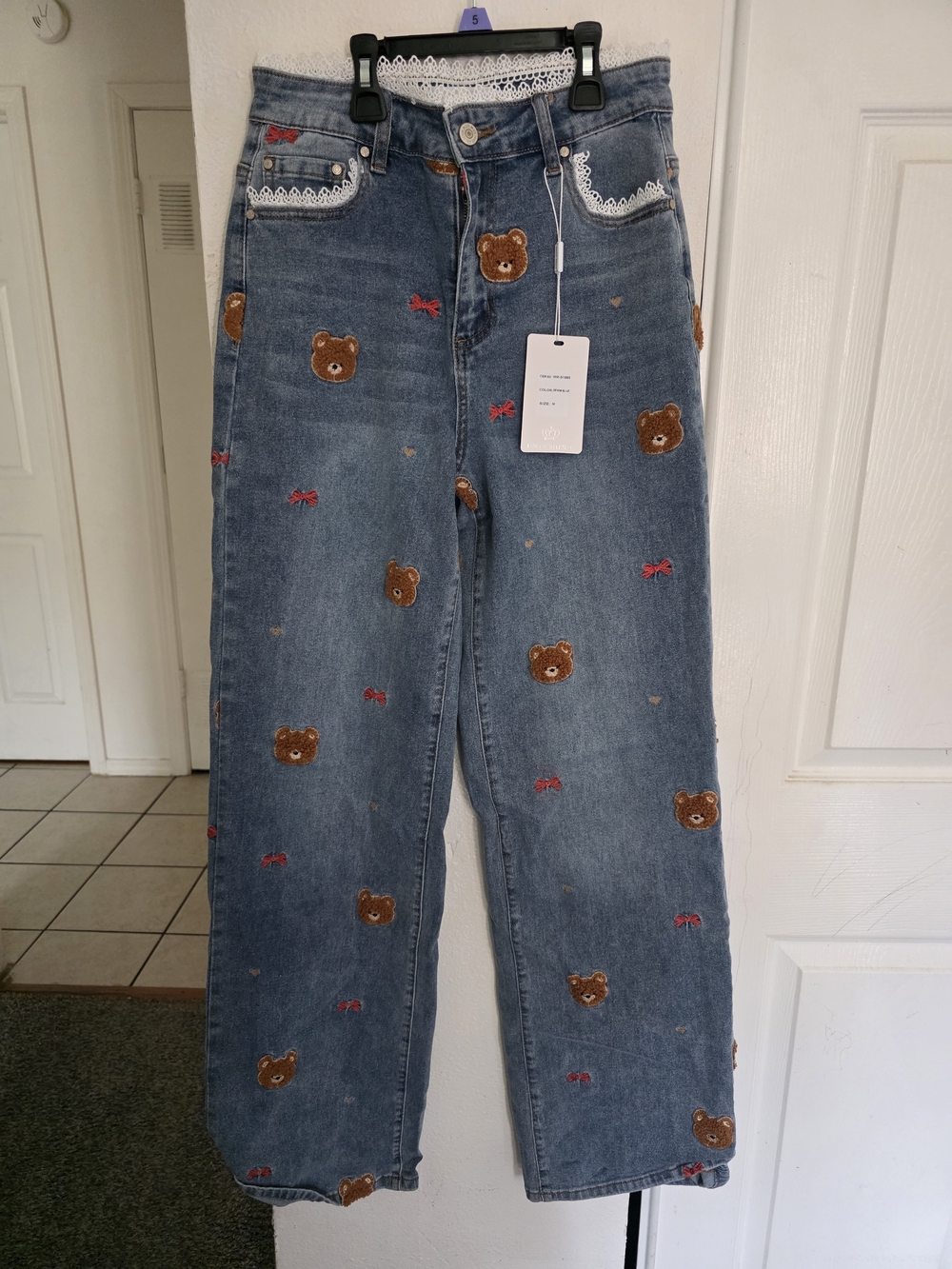 Blue Straight-Leg Jeans with Teddy Bear Embroidery - Women's